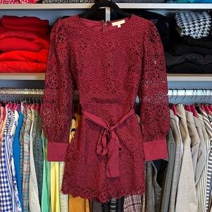Hidden Label burgundy long sleeve belted lined embroidered romper size S
